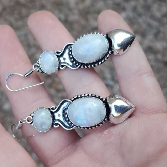 New Rainbow Moonstone 925 Silver Statement Earrings. - Picture 6 of 13